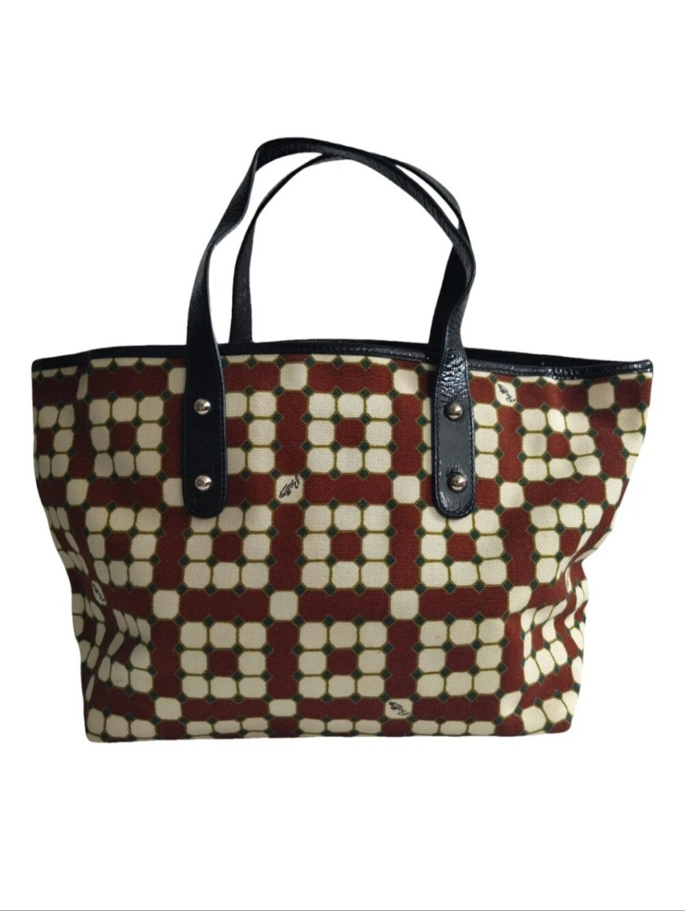 Bally Rare Canvas & Patent Leather Tote Bag Brown & Cream W/Navy Handles
